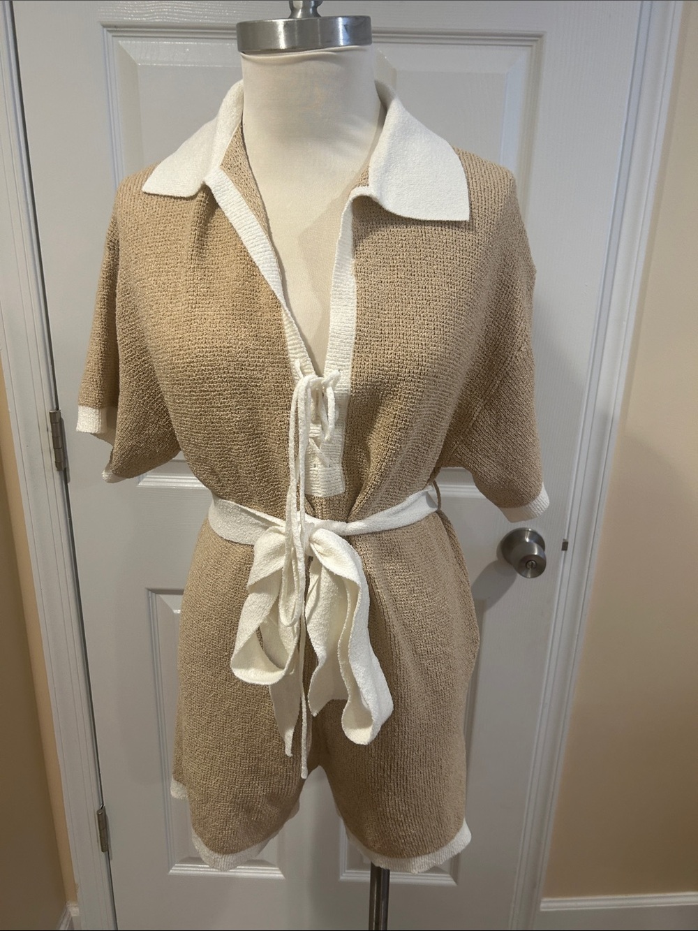 Vici Beige and White Knit Tie-Waist Romper